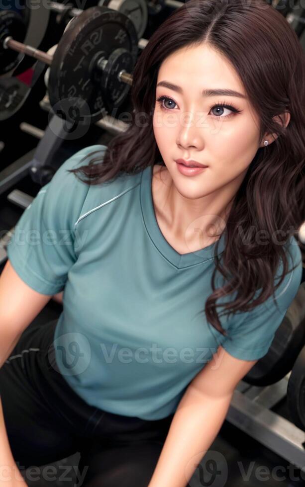 magnifique en bonne santé asiatique femme à le salle de sport, génératif ai photo