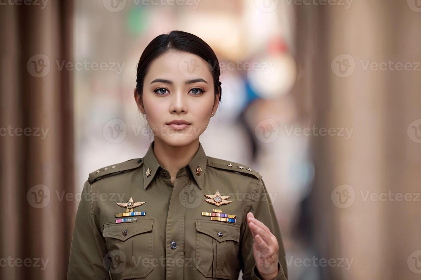 photo de asiatique femme dans thaïlandais police officier uniforme, génératif ai