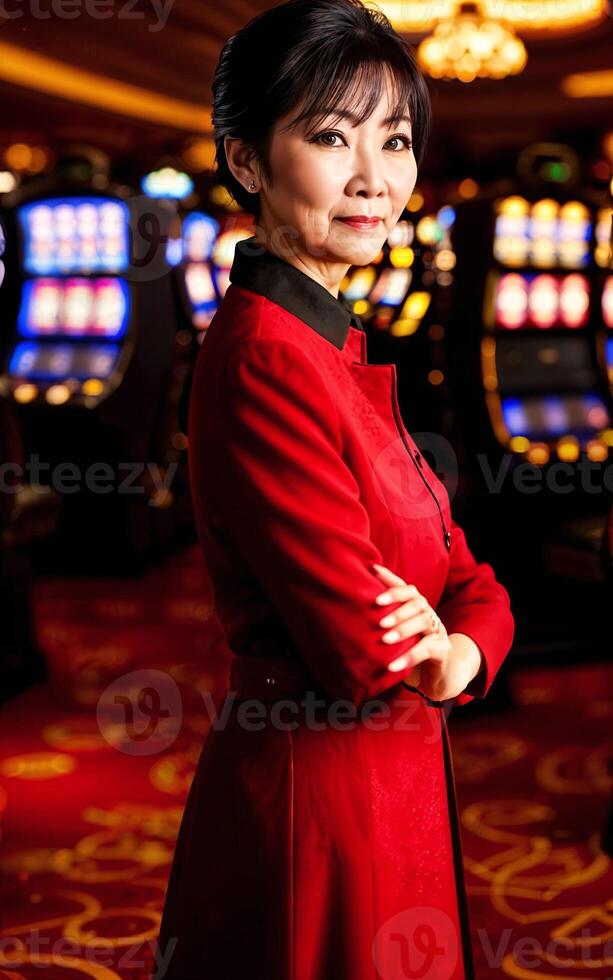 milieu vieilli asiatique femme à luxe casino, génératif ai photo