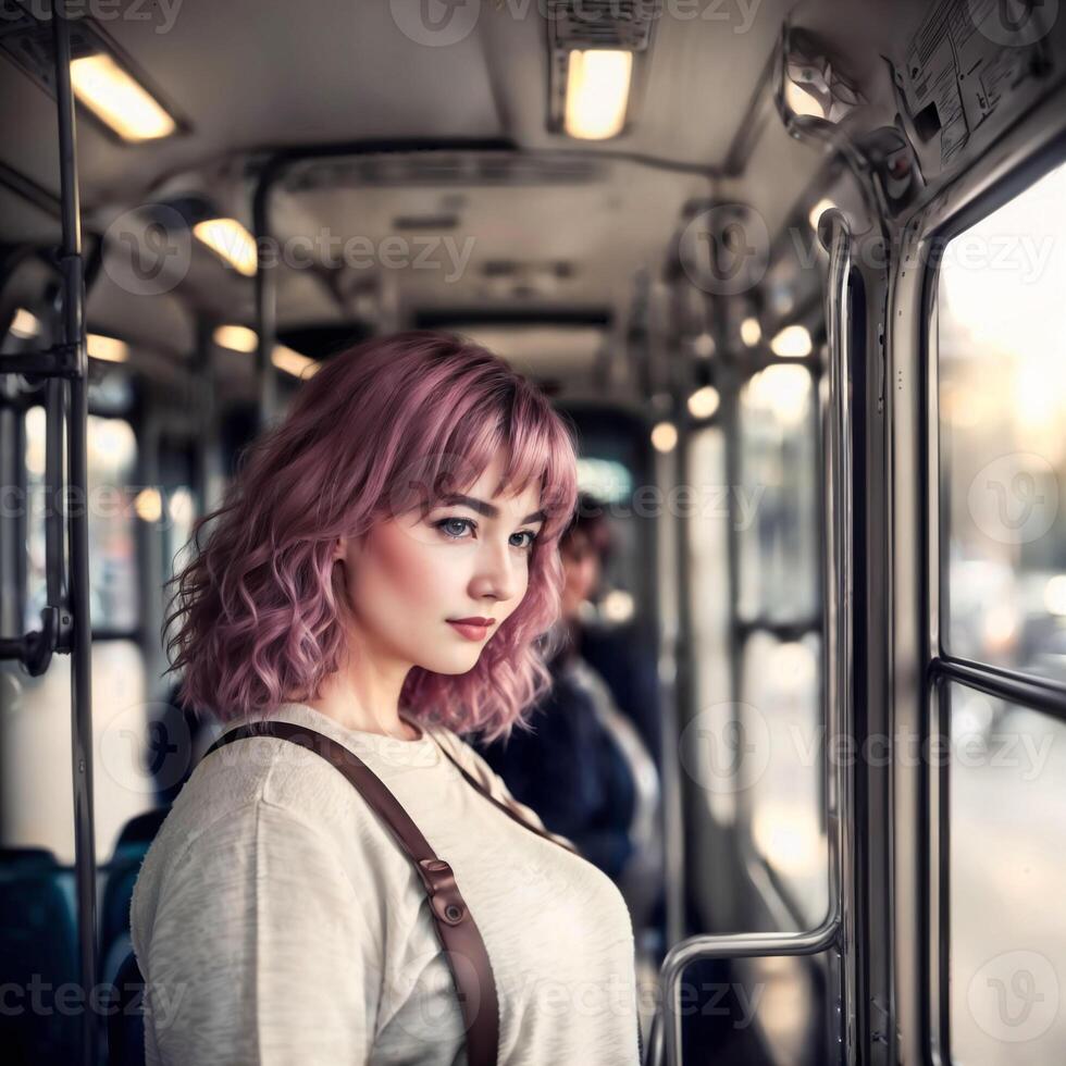 magnifique femme permanent à l'intérieur Publique autobus transport, génératif ai photo