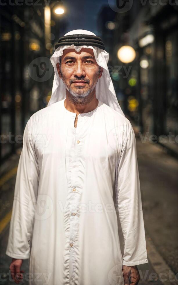 riches arabe homme d'affaire dans traditionnel blanc tenue dans nuit rue arrière-plan, génératif ai photo