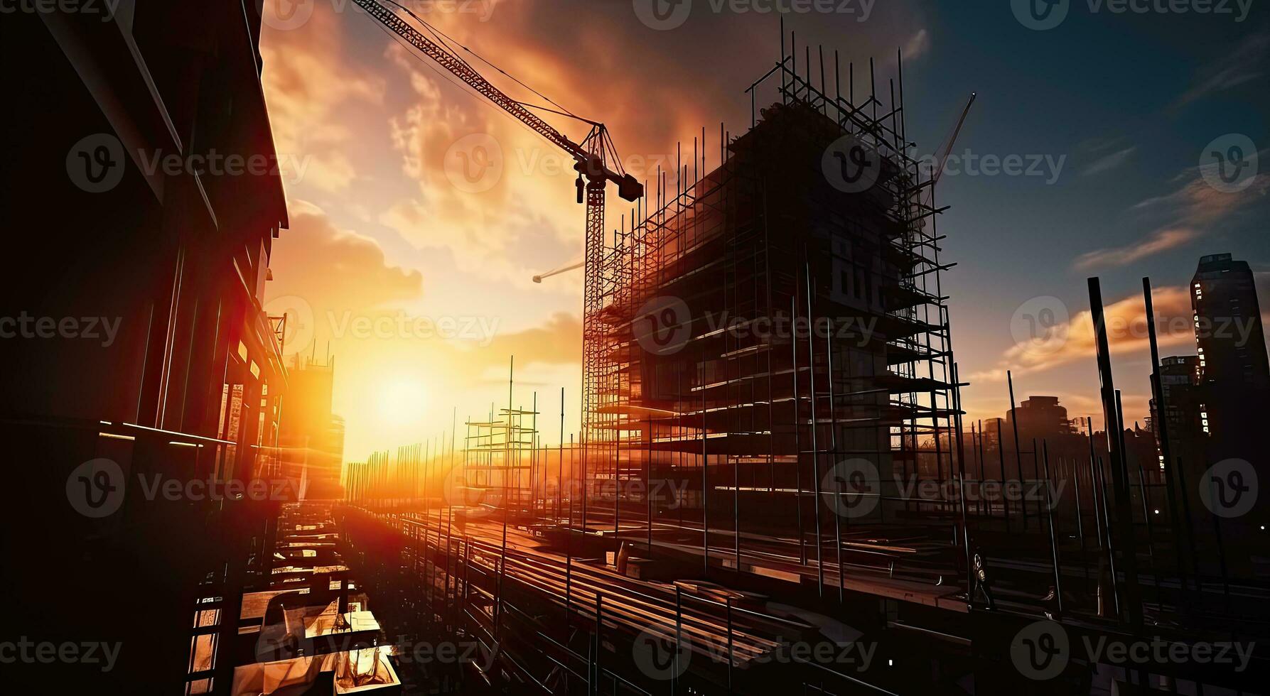 silhouette de une bâtiment en dessous de construction contre le Contexte de le le coucher du soleil photo