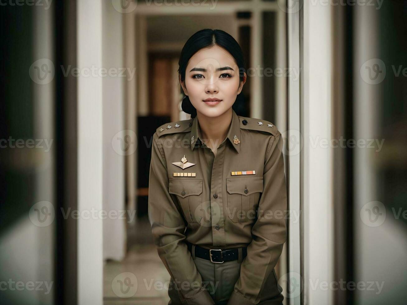 photo de asiatique femme dans thaïlandais police officier uniforme, génératif ai