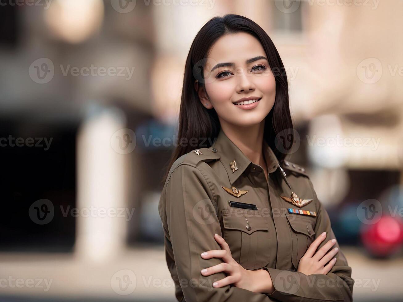 photo de asiatique femme dans thaïlandais police officier uniforme, génératif ai