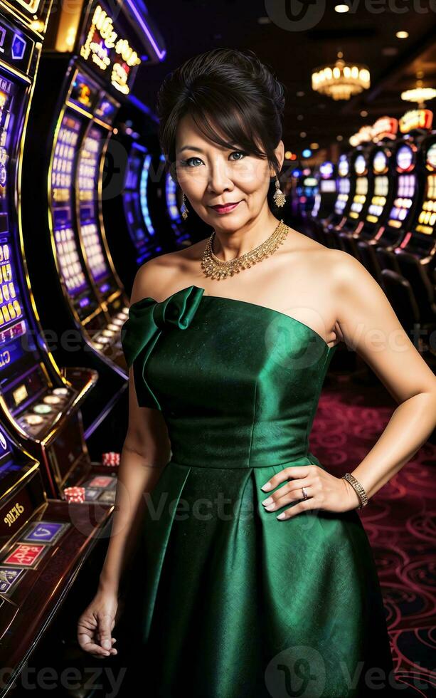 milieu vieilli asiatique femme à luxe casino, génératif ai photo