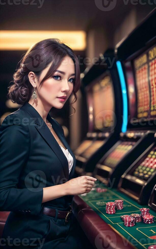 jolie Jeune asiatique femme à jeux d'argent casino salon, génératif ai photo