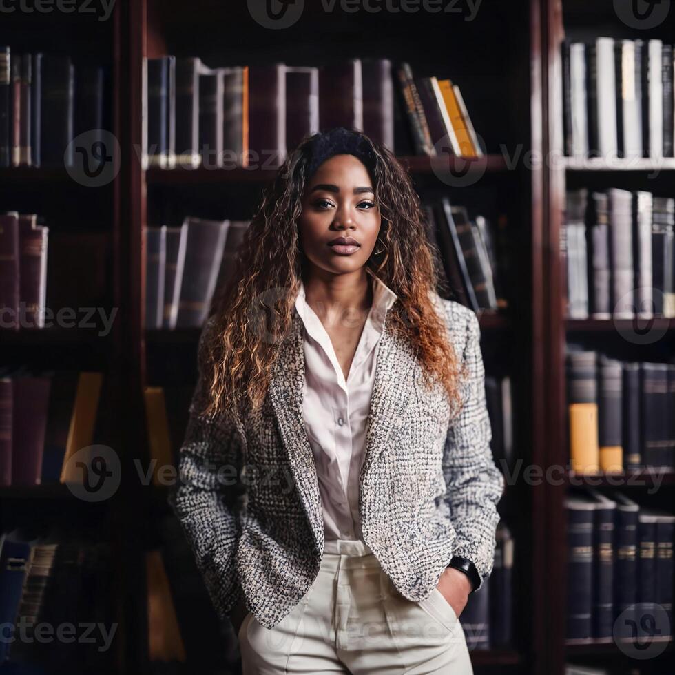 magnifique africain américain noir femme avec bibliothèque dans arrière-plan, génératif ai photo