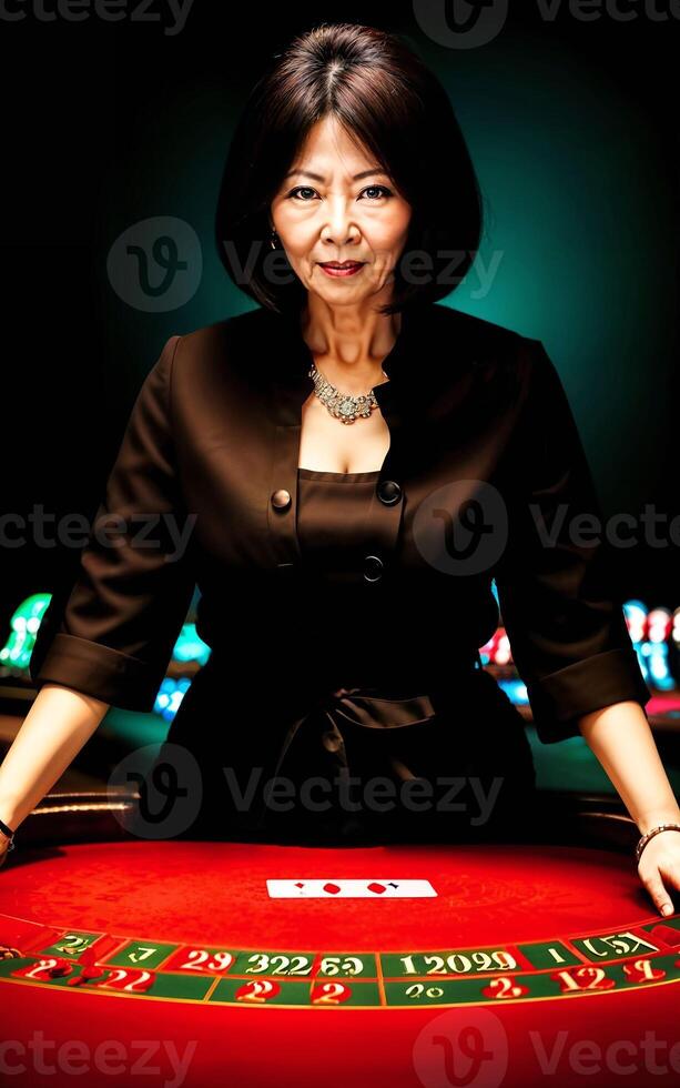 milieu vieilli asiatique femme à luxe casino, génératif ai photo