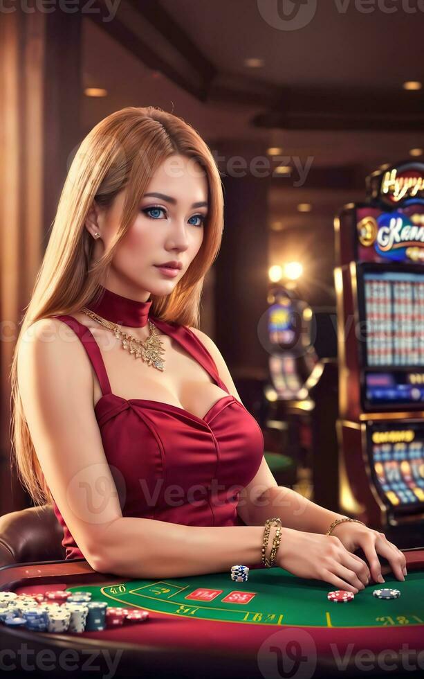 jolie Jeune asiatique femme à jeux d'argent casino salon, génératif ai photo