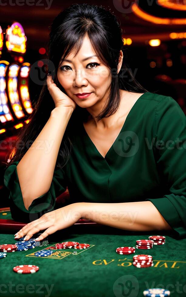 milieu vieilli asiatique femme à luxe casino, génératif ai photo