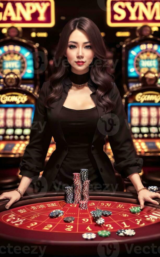 magnifique asiatique femme avec luxe robe dans grandiose casino jeu, génératif ai photo
