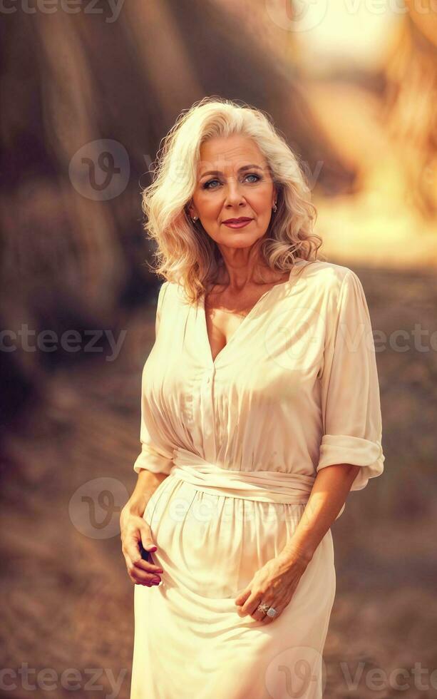 photo de blanc milieu vieilli vieux Dame américain femme dans robe à le le sable plage, génératif ai