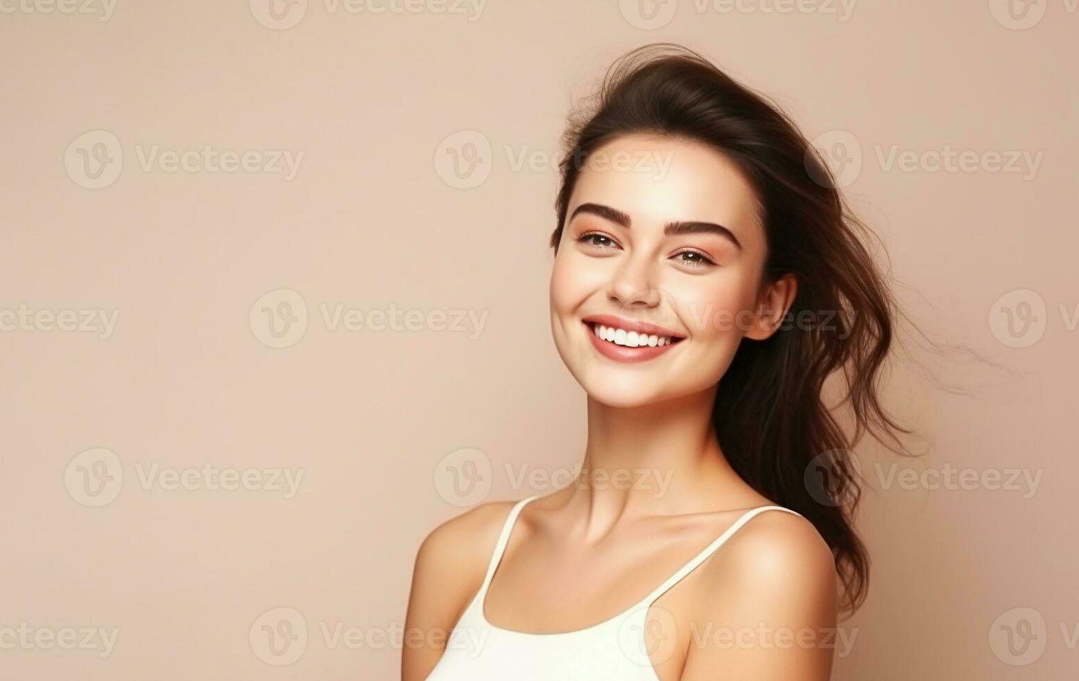 ai génératif. une charmant Jeune fille avec magnifique nettoyer peau est souriant. photo