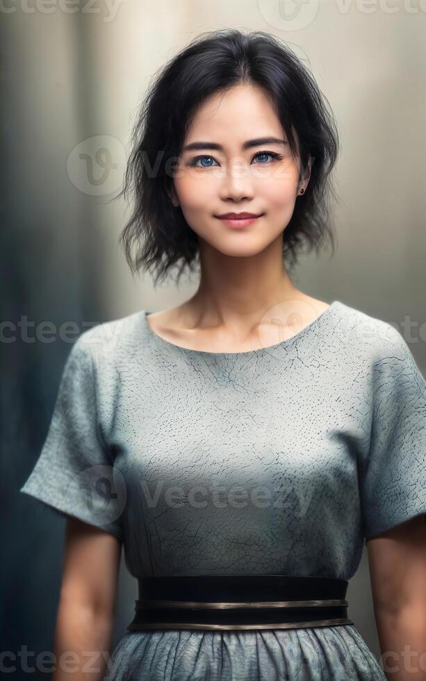 content jolie milieu vieilli vieux asiatique femme à le rue, génératif ai photo