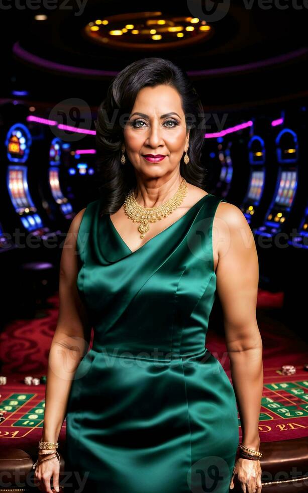 milieu vieilli Indien femme à luxe casino, génératif ai photo