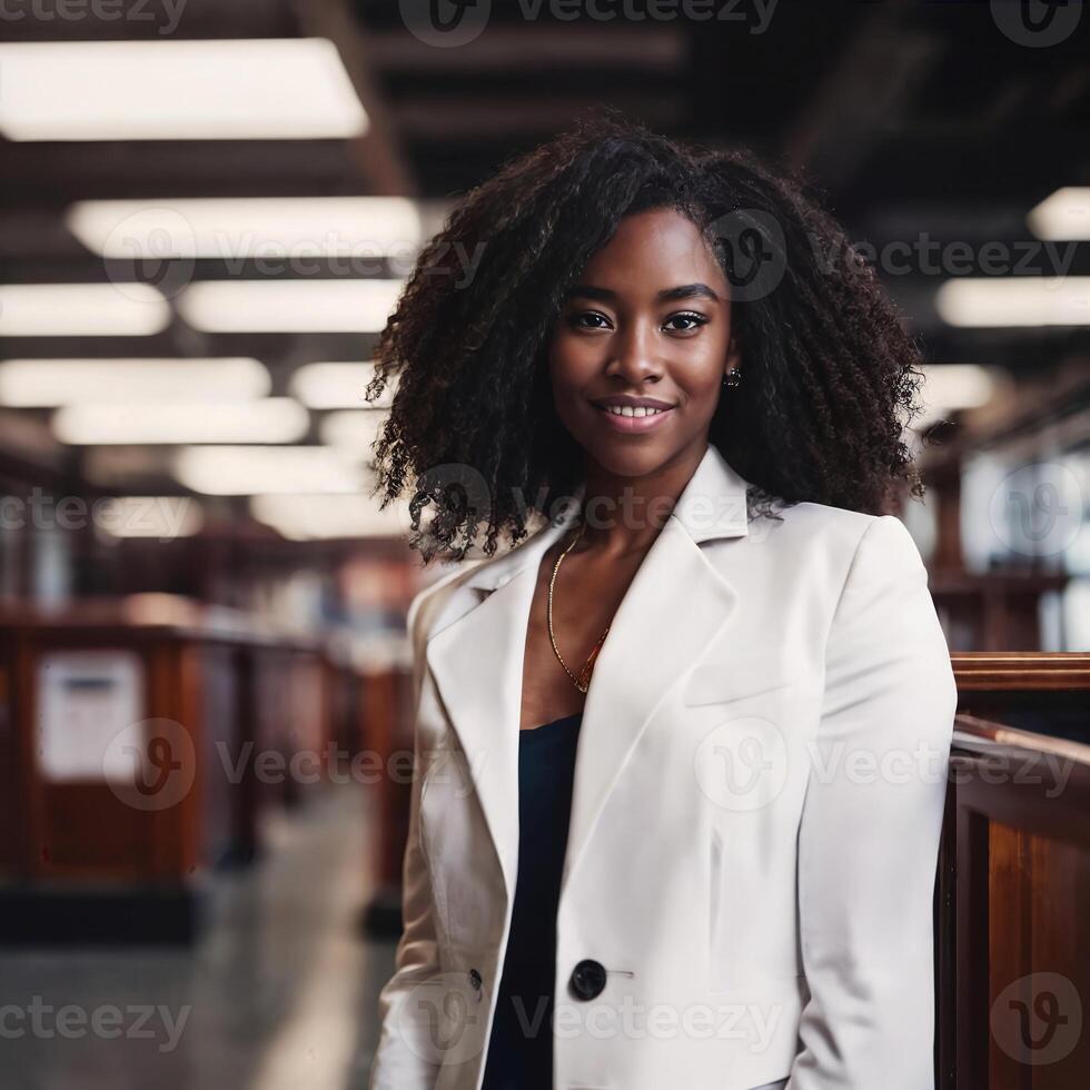 magnifique africain américain noir femme avec bibliothèque dans arrière-plan, génératif ai photo