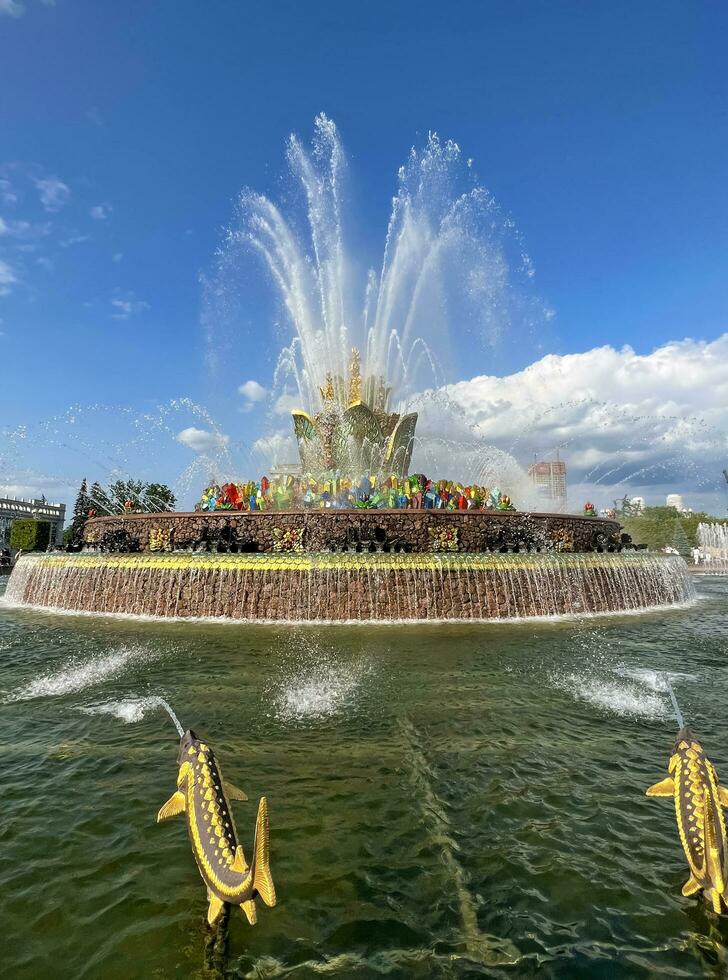 Moscou, Russie - juin 30 , 2023 Fontaine pierre fleur de les peuples à le tout russe exposition centre photo