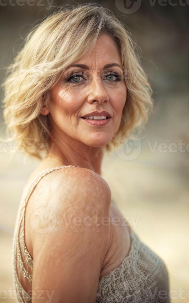 photo de blanc milieu vieilli vieux Dame américain femme dans robe à le le sable plage, génératif ai