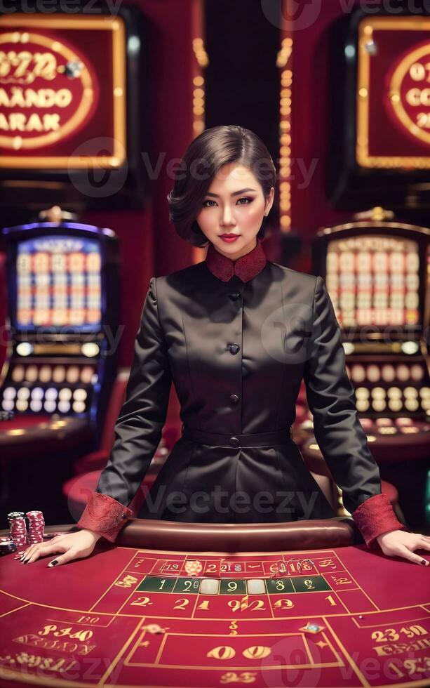 magnifique asiatique femme avec luxe robe dans grandiose casino jeu, génératif ai photo