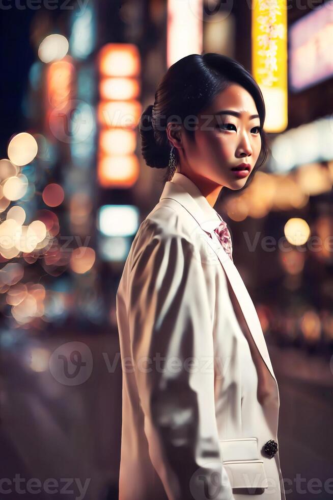 magnifique Jeune asiatique femme avec ville rue nuit dans arrière-plan, génératif ai photo