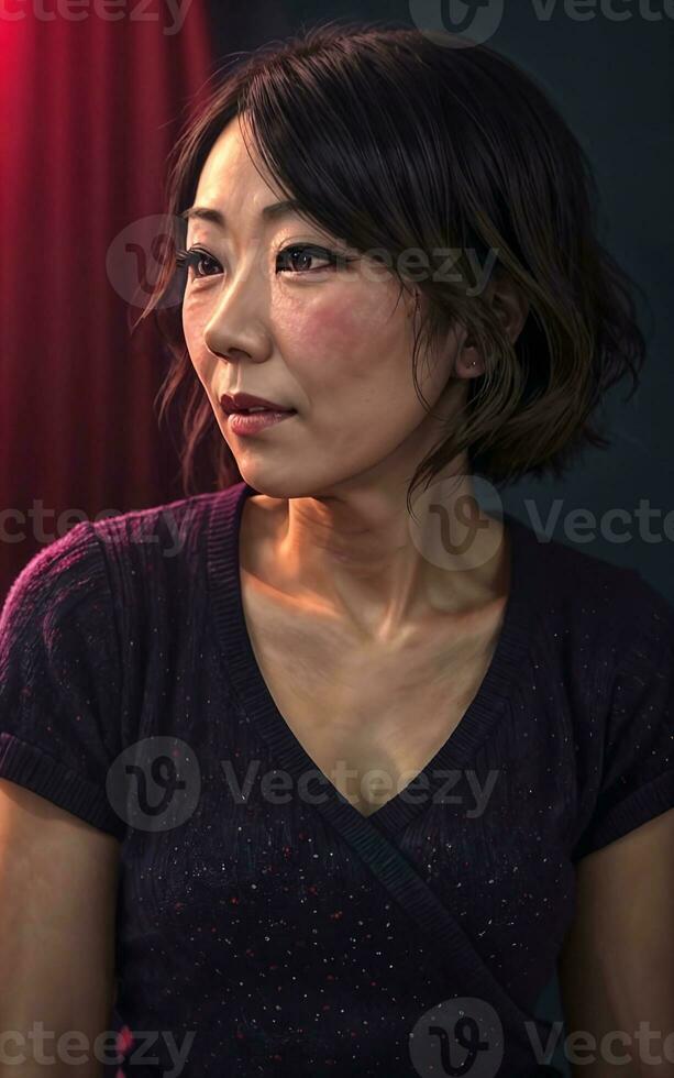 portrait photo de magnifique milieu vieilli asiatique femme dans foncé pièce avec lumière dans arrière-plan, génératif ai