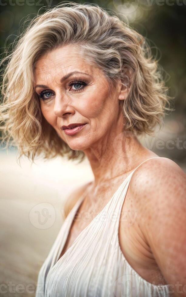 photo de blanc milieu vieilli vieux Dame américain femme dans robe à le le sable plage, génératif ai