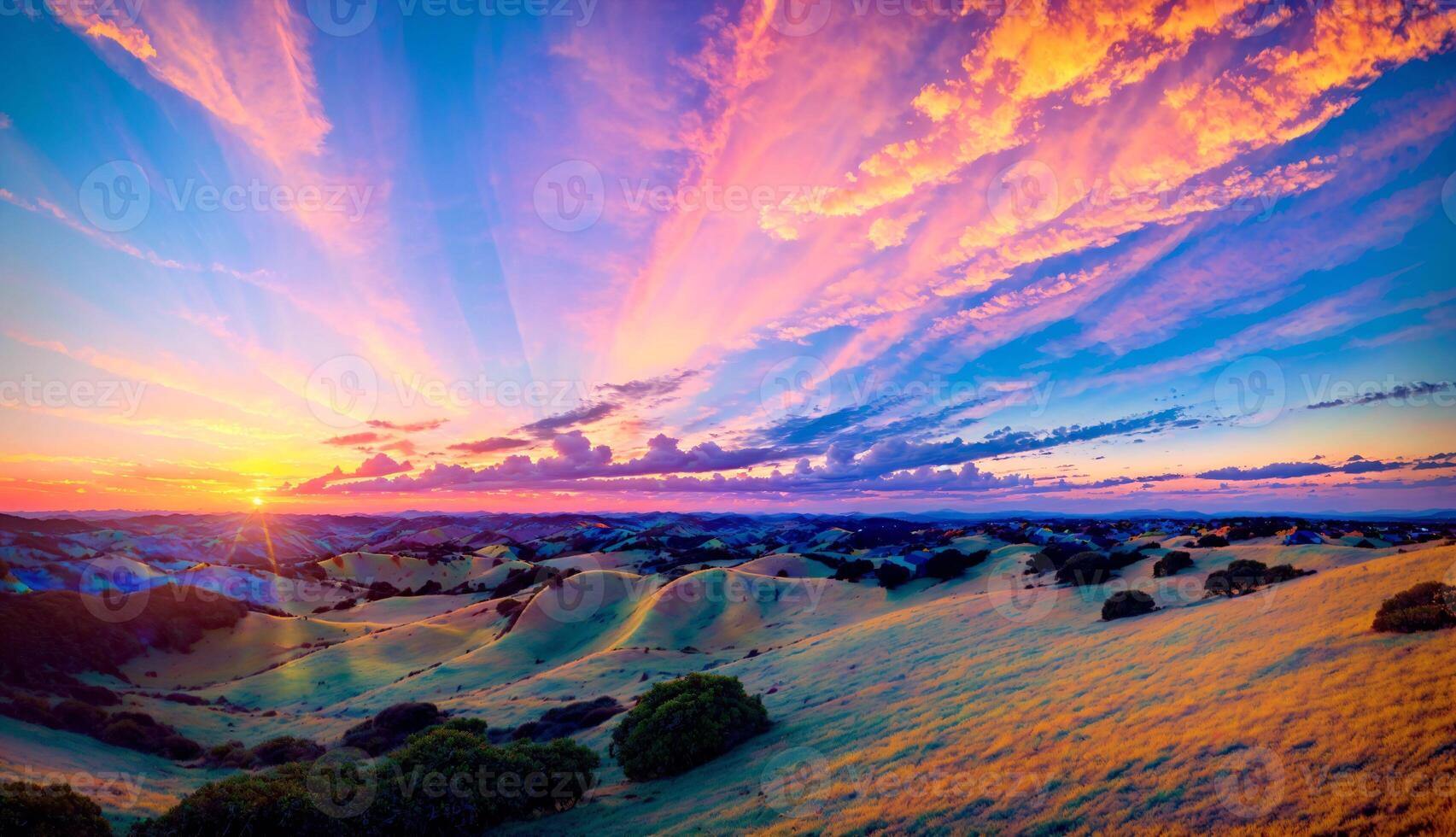 capturer le tout à fait spectaculaire le coucher du soleil avec coloré des nuages et un épique brillant ciel ai généré photo