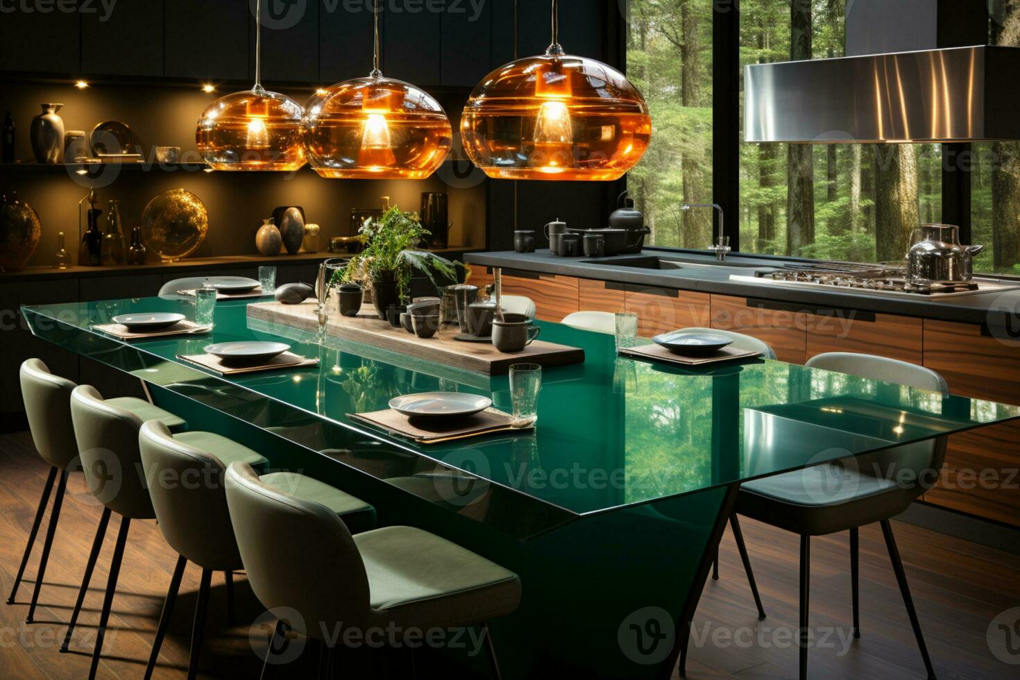 contemporain cuisine avec une central vert table dans une moderne intérieur ai généré photo