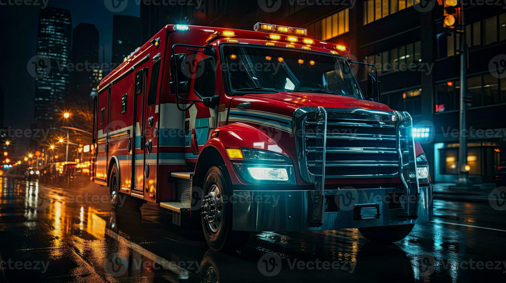 moderne ambulance sur le rue de le nuit ville va à le appel. ai généré photo