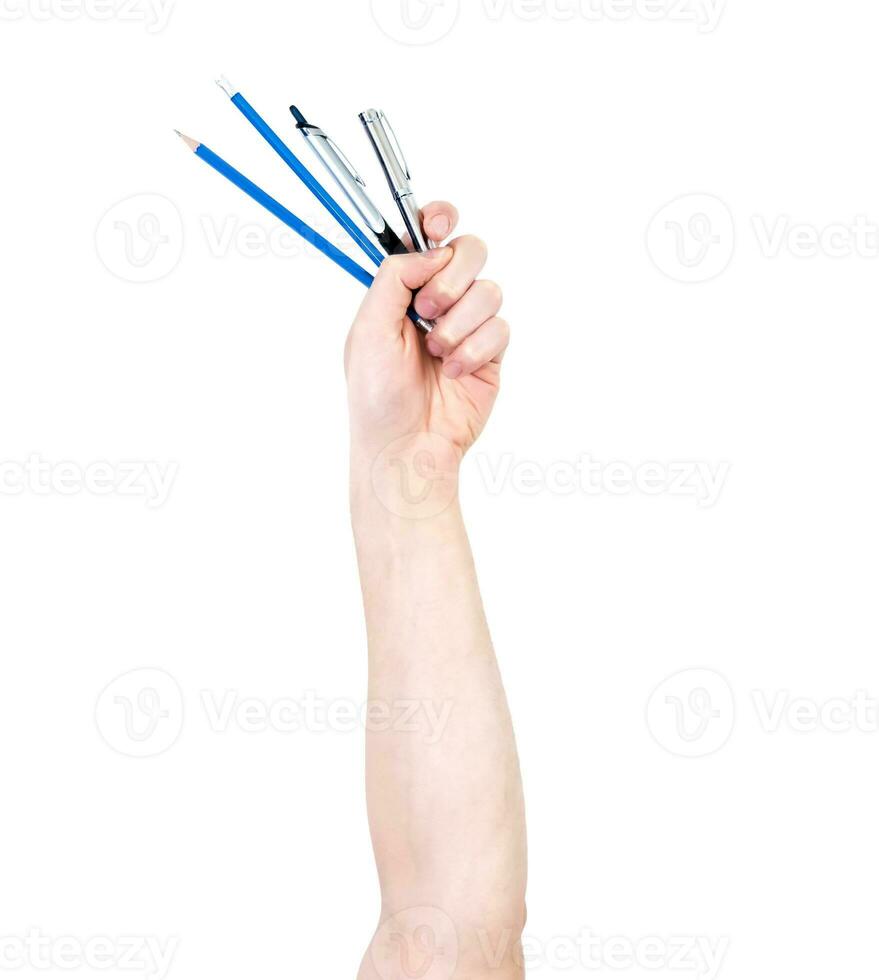 homme bras élevé en portant une Bureau Provisions des stylos. isoler sur blanc Contexte. photo