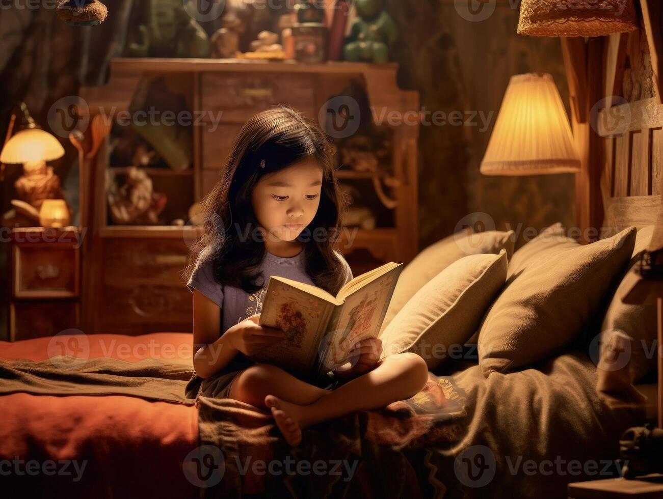 mignonne asiatique fille en train de lire livre avant lit temps dans confortable chambre à coucher. génératif ai photo