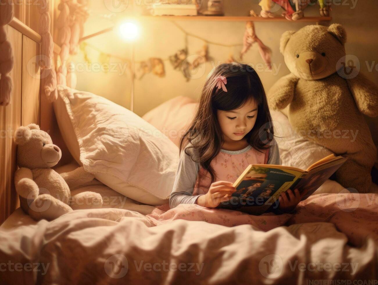 mignonne asiatique fille en train de lire livre avant lit temps dans confortable chambre à coucher. génératif ai photo