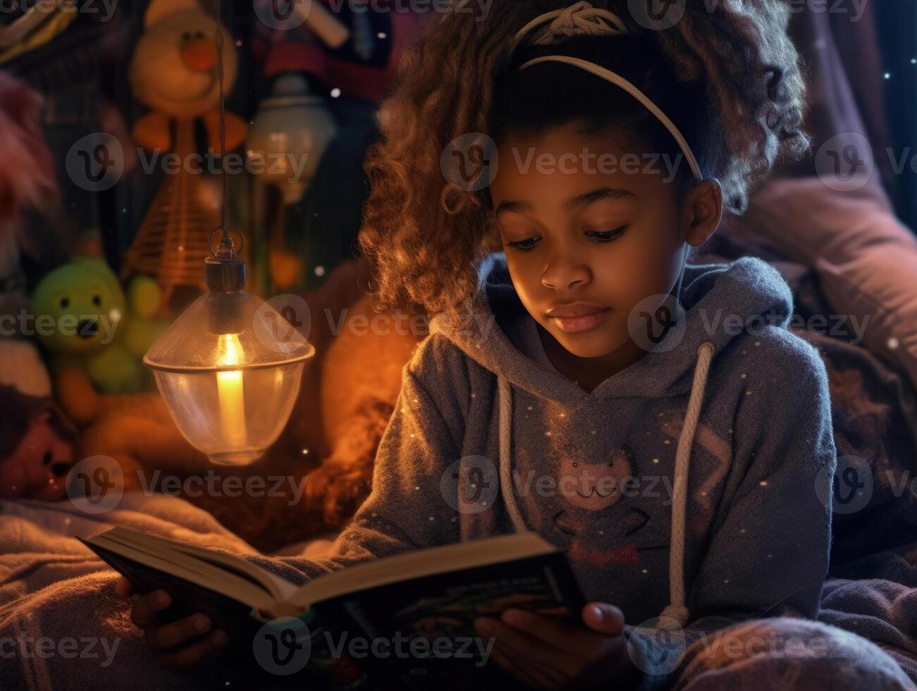 adorable noir fille en train de lire livre avant lit temps dans confortable chambre à coucher. génératif ai photo