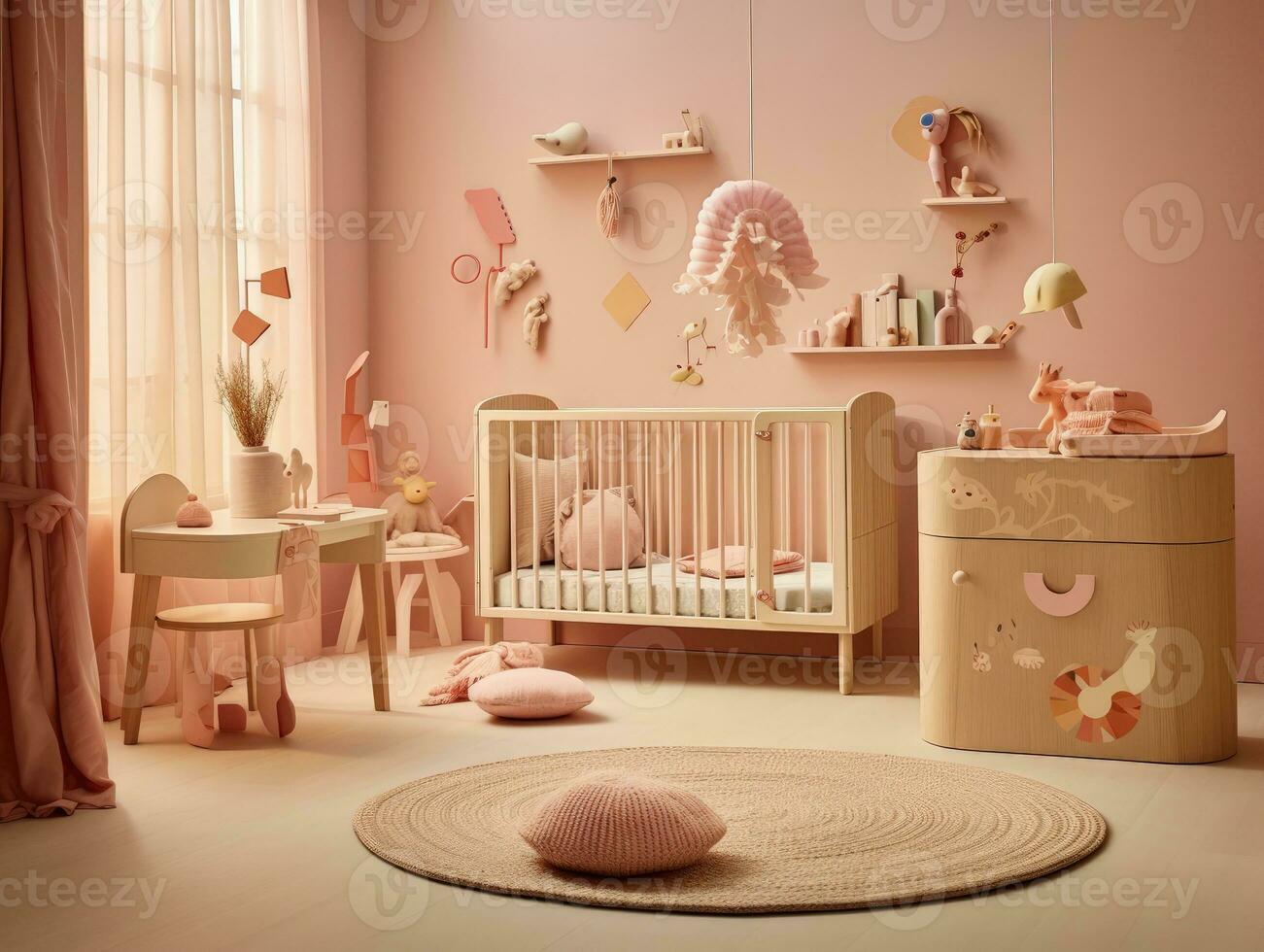 moderne rose coloré bambin chambre avec décoration. génératif ai photo