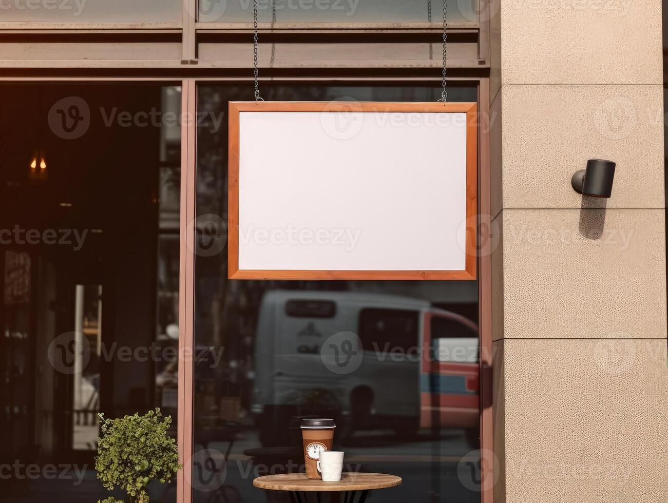 Vide moquer en haut signe à café magasin café, La publicité planche. génératif ai photo