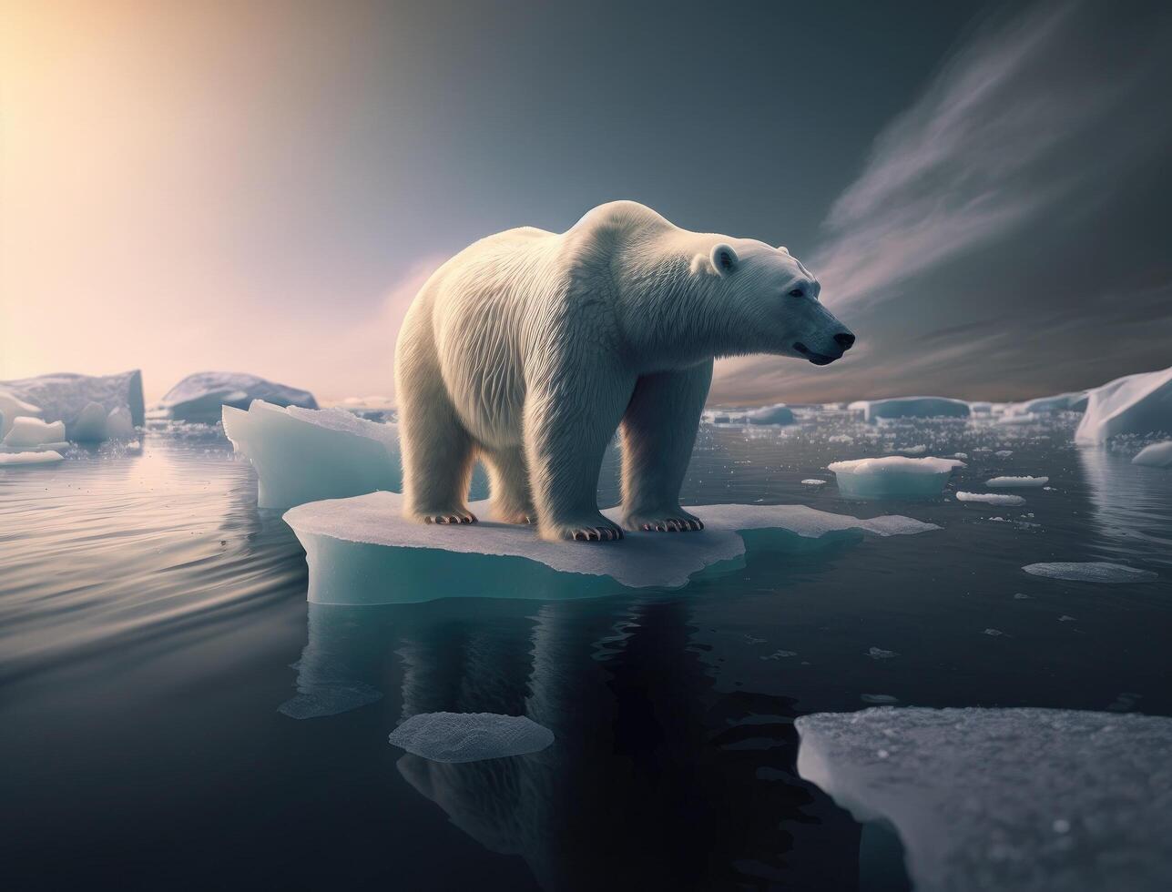 polaire ours sur dérive la glace bord avec neige et l'eau dans Arctique mer. blanc gros animal dans le la nature habitat. faune scène de la nature. dangereux ours en marchant sur le glace. génératif ai photo