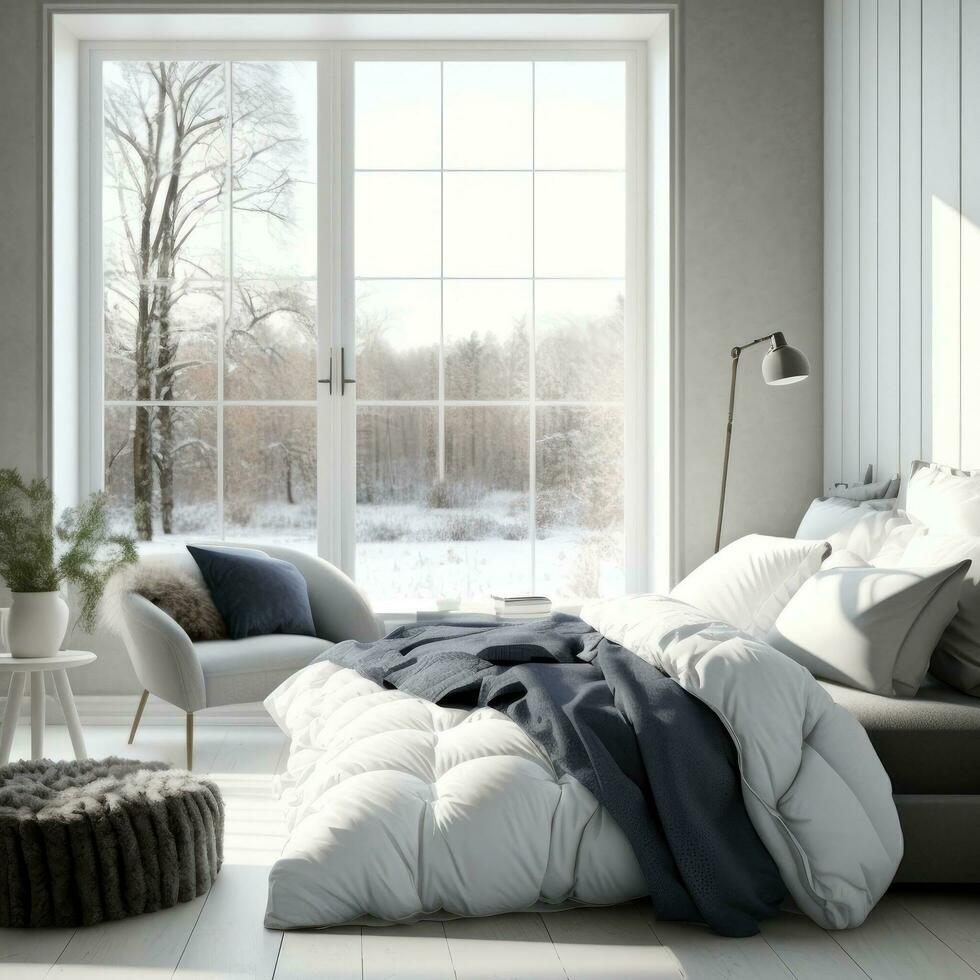élégant pièce intérieur avec gros confortable lit dans scandinave style. génératif ai photo
