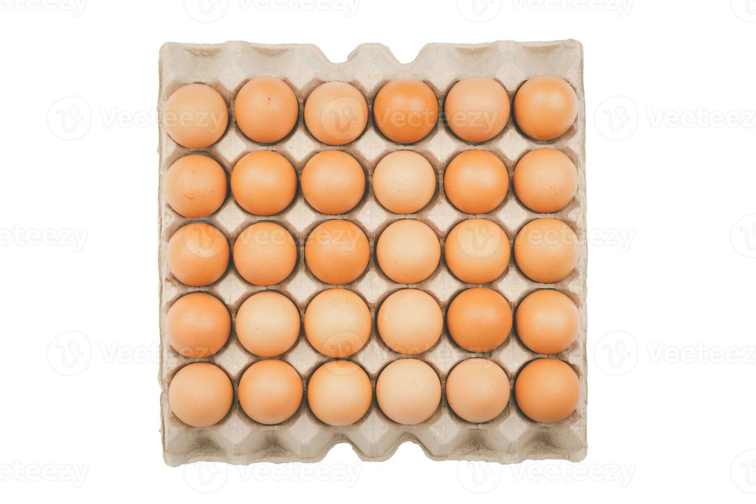 brut poulet des œufs dans carton pack isolé sur blanc arrière-plan, Haut vue photo