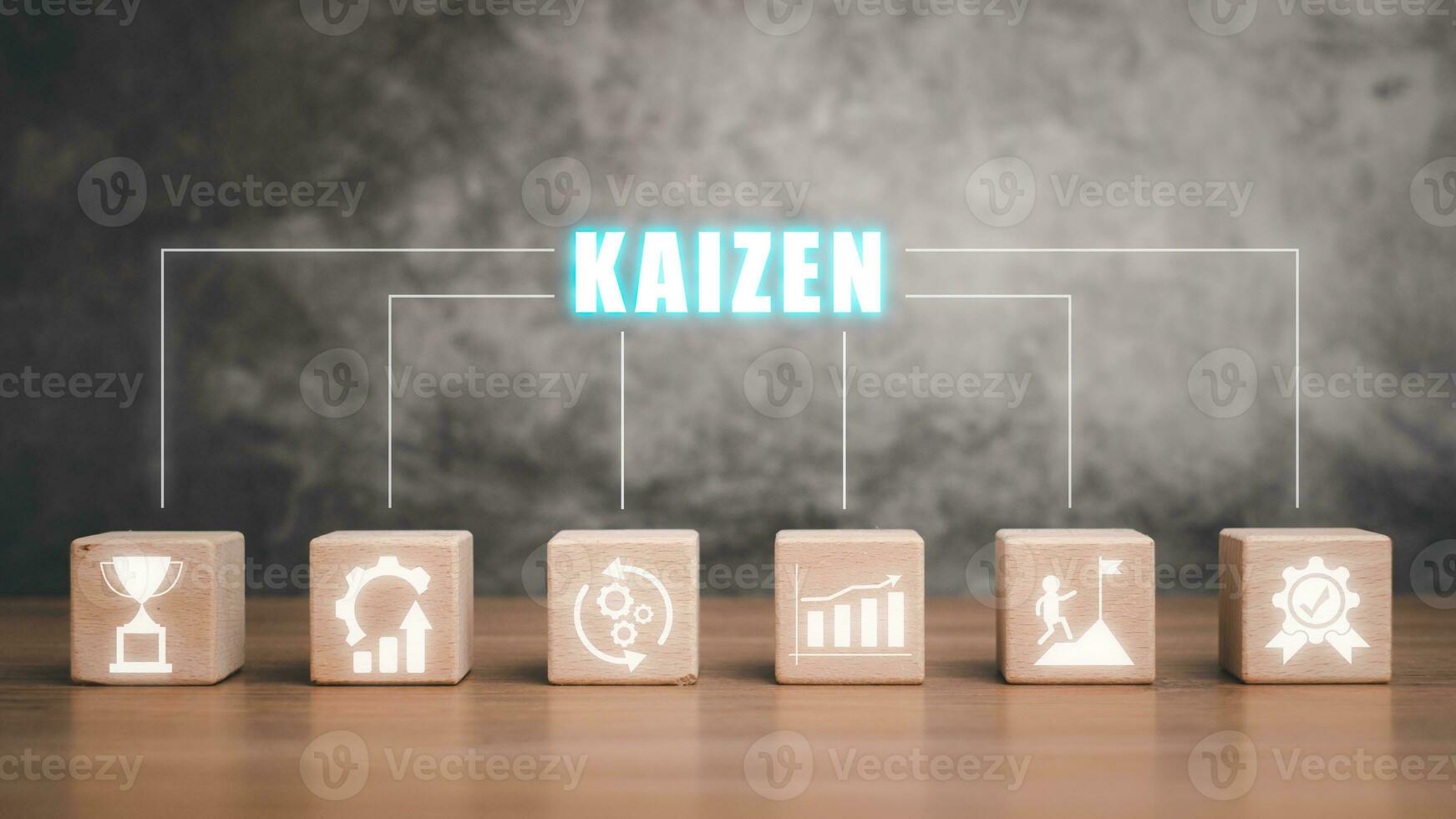 Kaizen concept, en bois bloquer sur bureau avec Kaizen icône sur virtuel filtrer, affaires philosophie et entreprise stratégie concept de continuel amélioration. photo