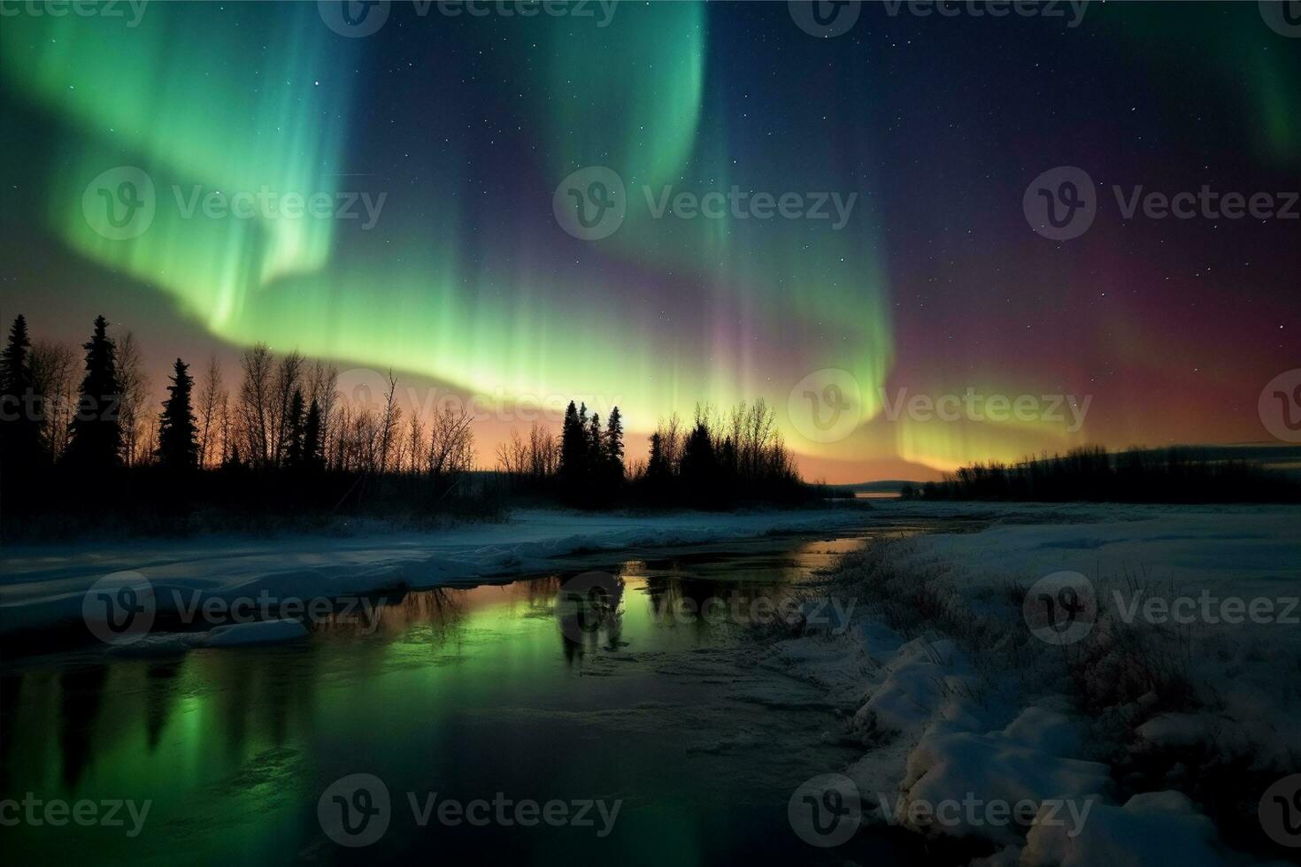 aurore paysage avec nord lumières, génératif ai photo