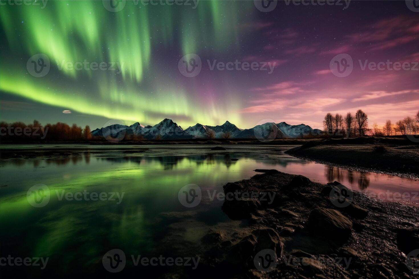 aurore paysage avec nord lumières, génératif ai photo