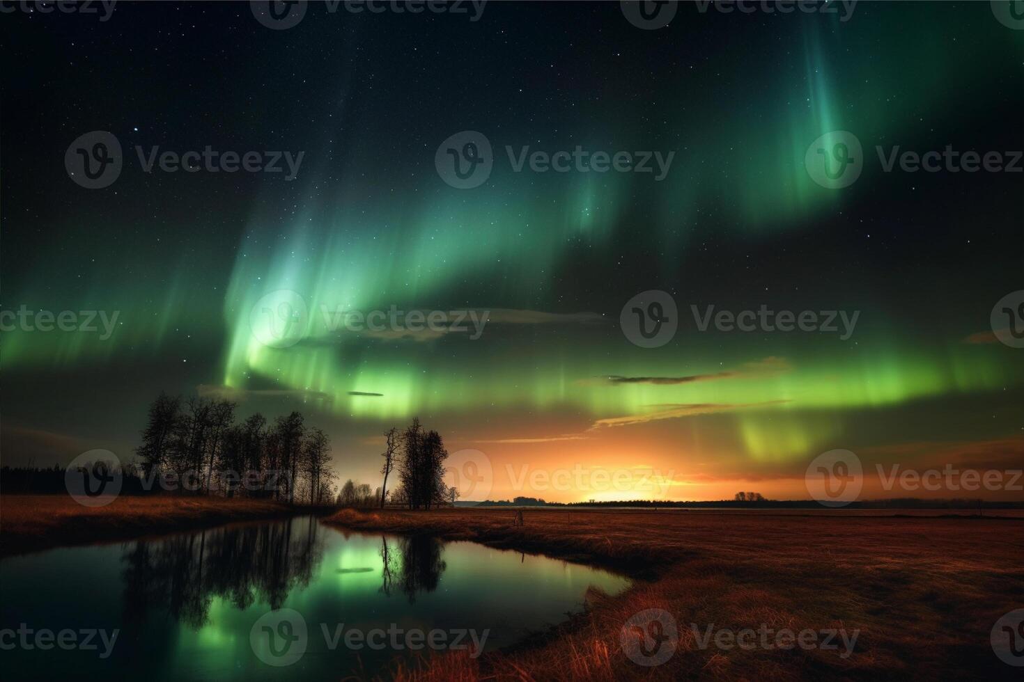 aurore paysage avec nord lumières, génératif ai photo