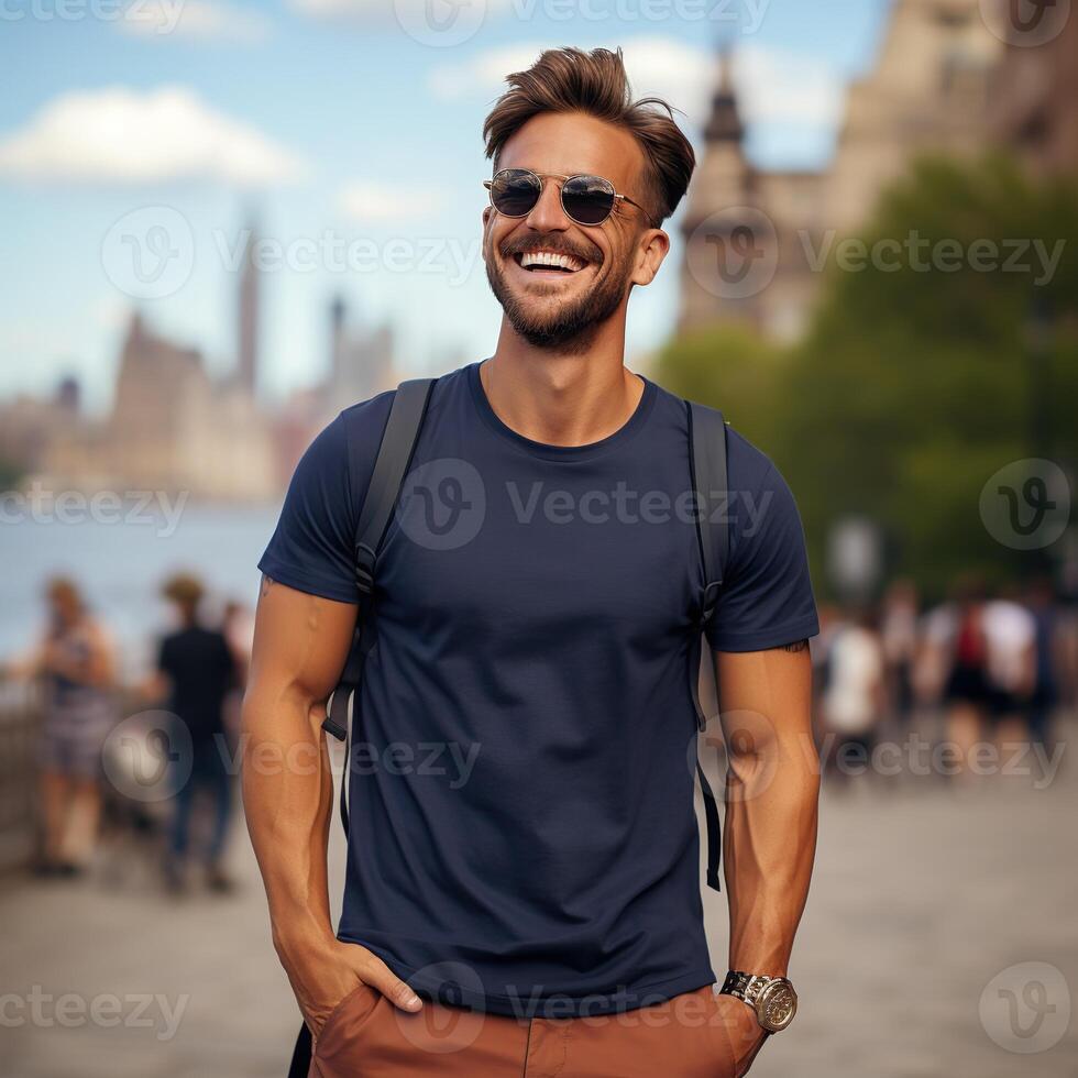 illustration de une mode portrait avec plaine T-shirt maquette, ai généré photo