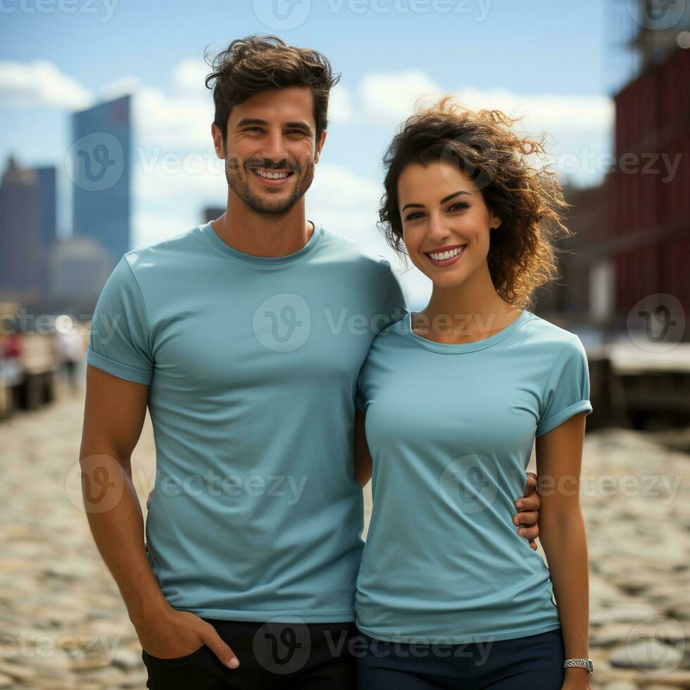 illustration de une couple mode portrait avec plaine T-shirt maquette, ai généré photo