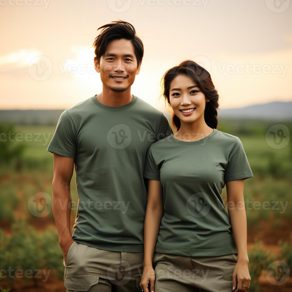 illustration de une couple mode portrait avec plaine T-shirt maquette, ai généré photo