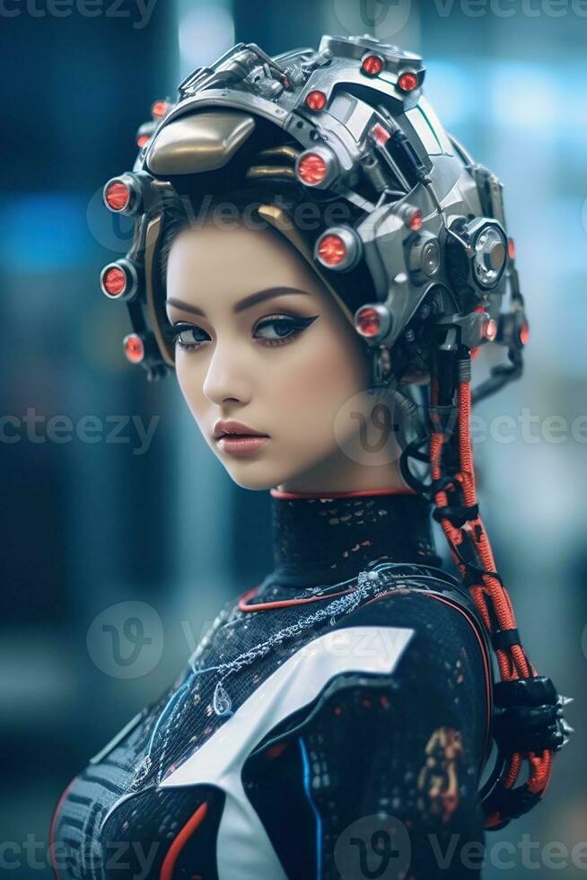 illustration de une cyborg femme et ai La technologie Contexte , ai généré photo