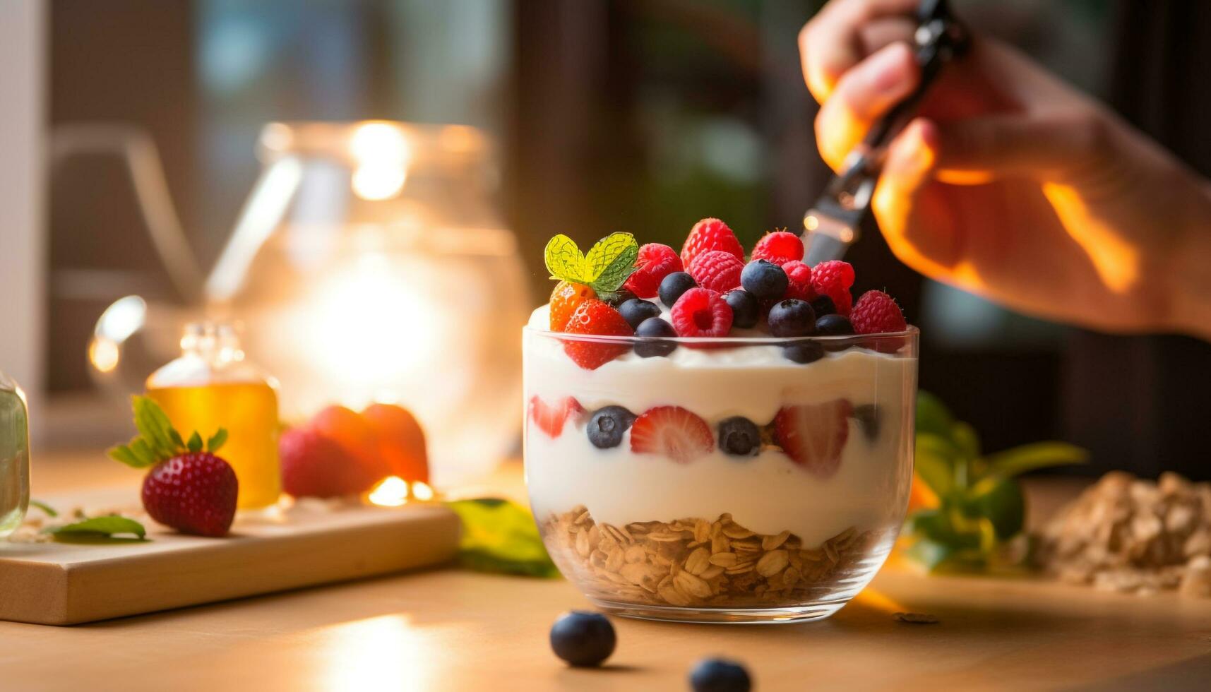 Frais baie parfait avec granola et yaourt généré par ai photo