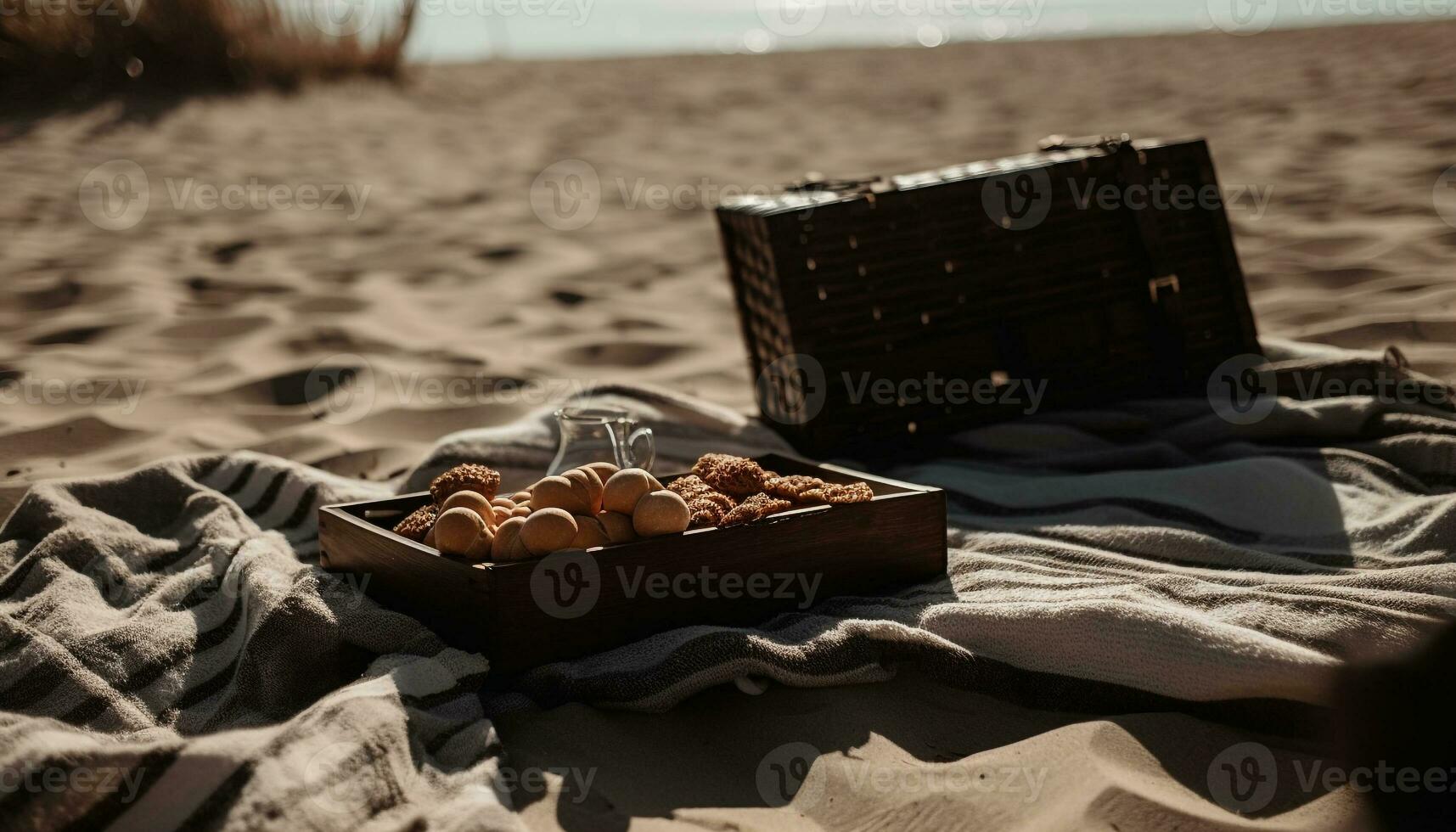 Frais fruit panier apporte bord de mer relaxation et fraîcheur généré par ai photo