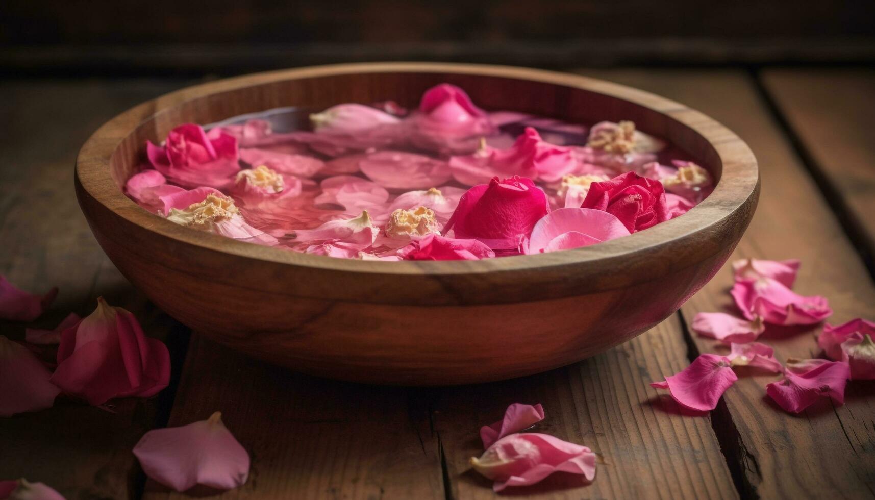 Frais rose pétales dans en bois bol, aromathérapie relaxation généré par ai photo