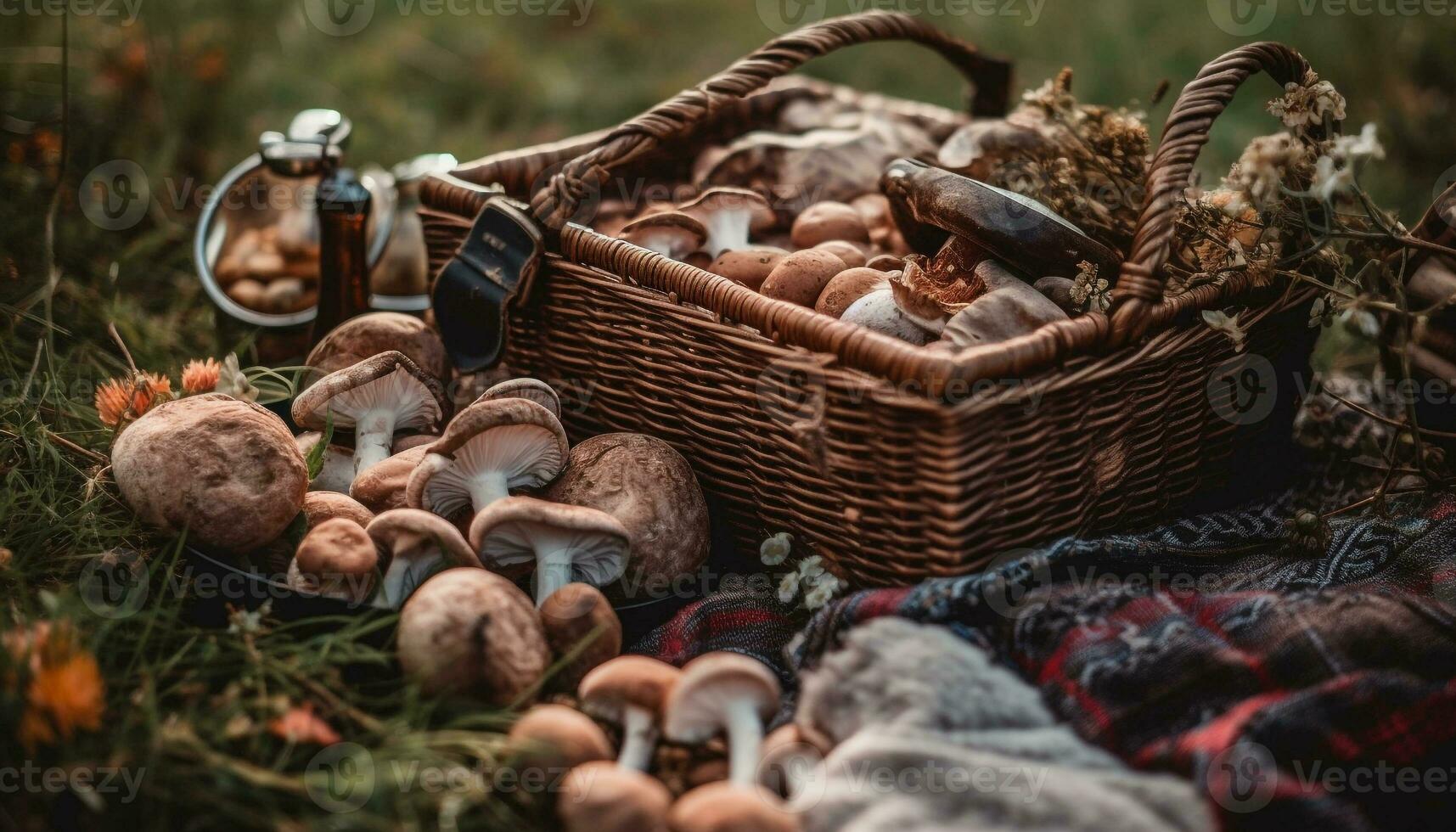 Frais biologique champignons dans rustique osier panier généré par ai photo